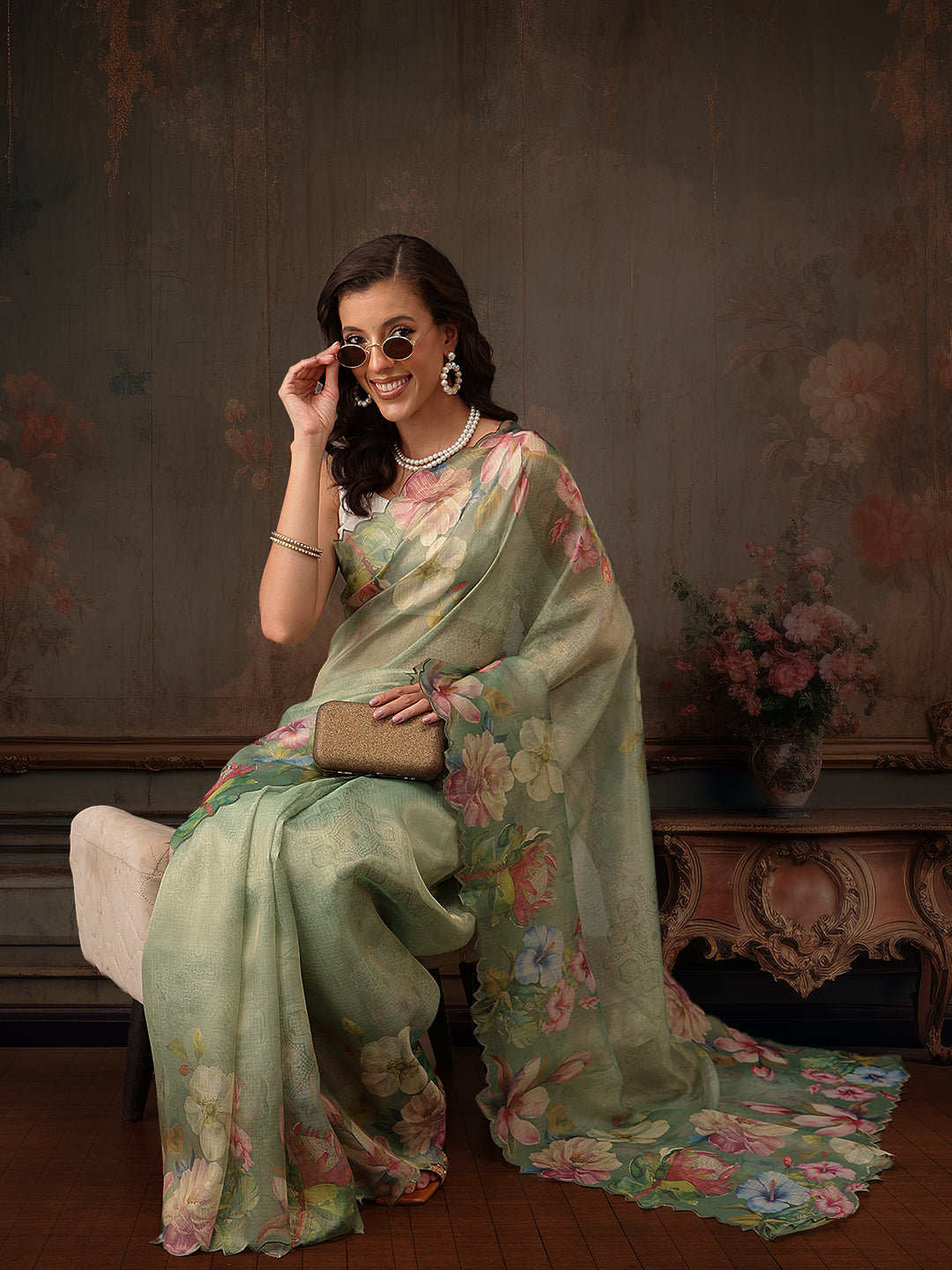 Hiral Fashion Green Kota Doria Tissue Silk Floral Digital Print Saree | Swadesiicart