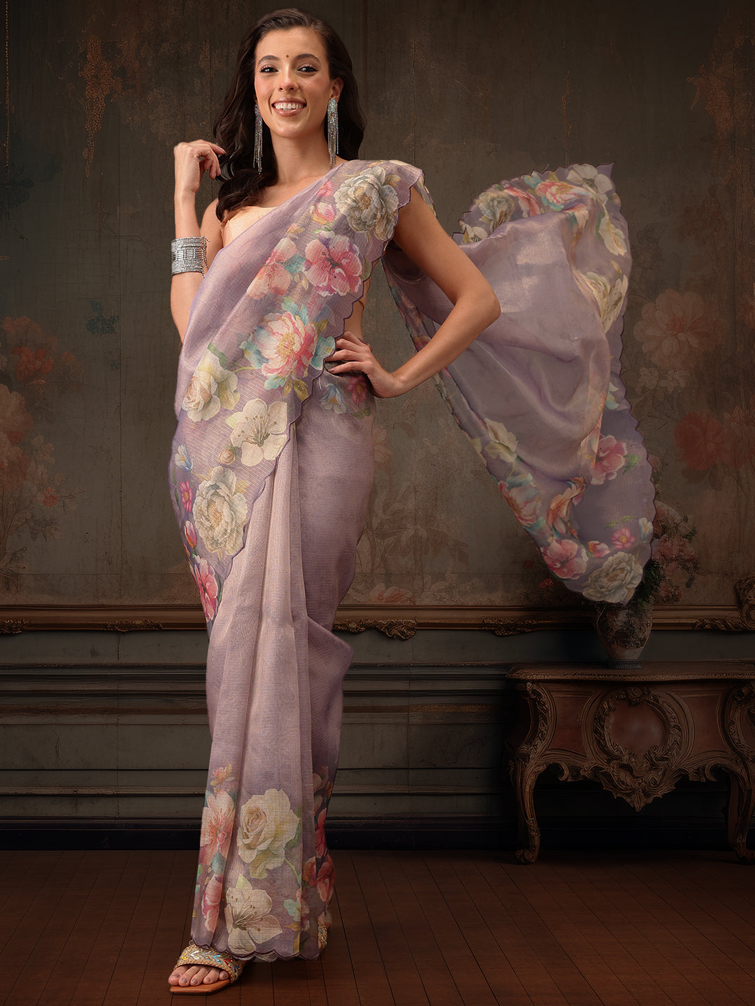 Hiral Fashion Lavender Kota Doria Tissue Silk Floral Digital Print Saree | Swadesiicart
