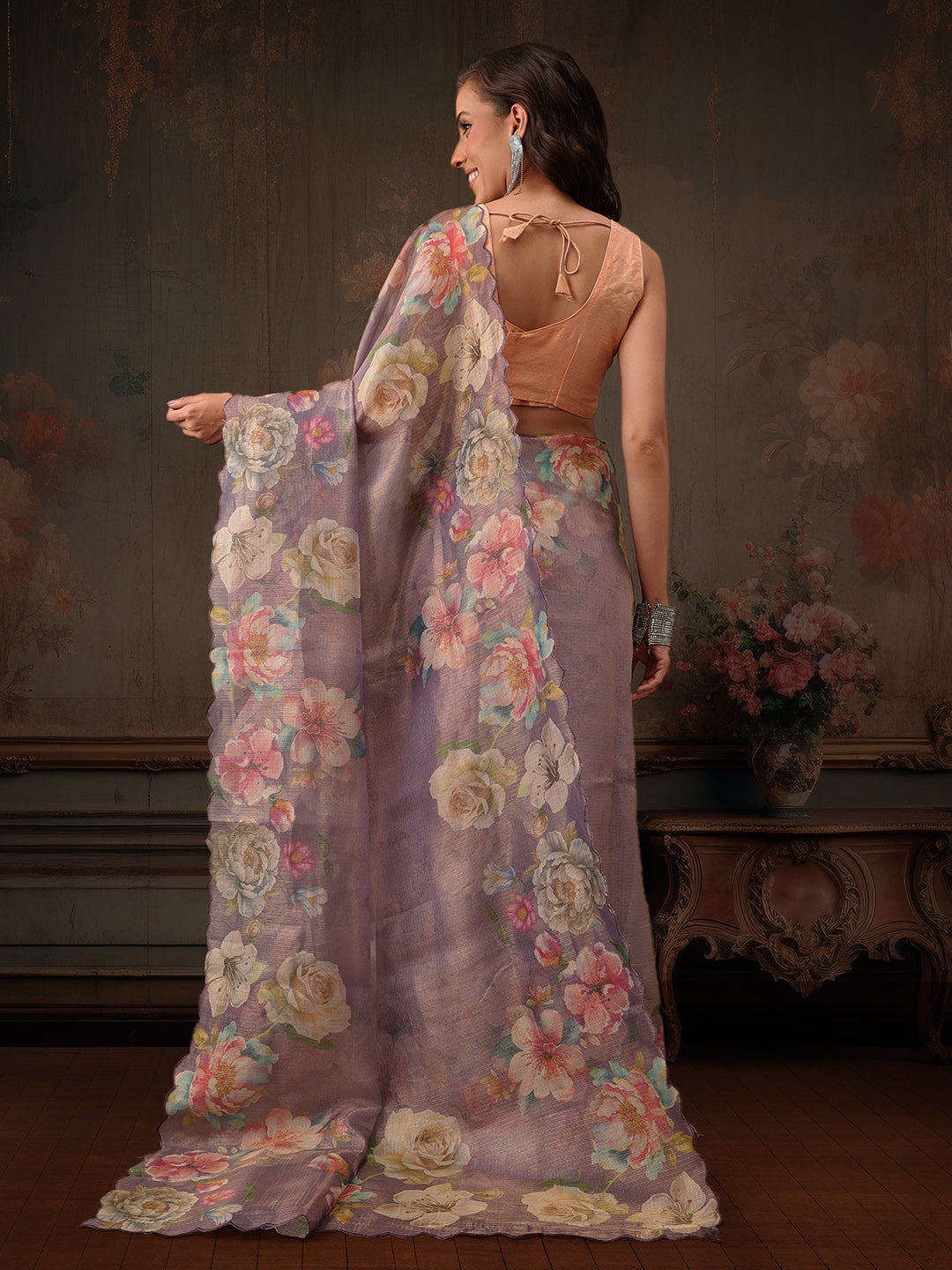 Hiral Fashion Lavender Kota Doria Tissue Silk Floral Digital Print Saree | Swadesiicart