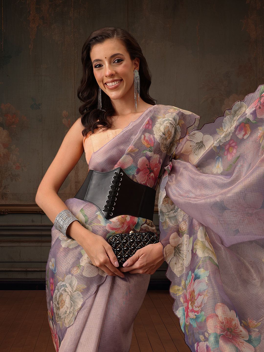 Hiral Fashion Lavender Kota Doria Tissue Silk Floral Digital Print Saree | Swadesiicart