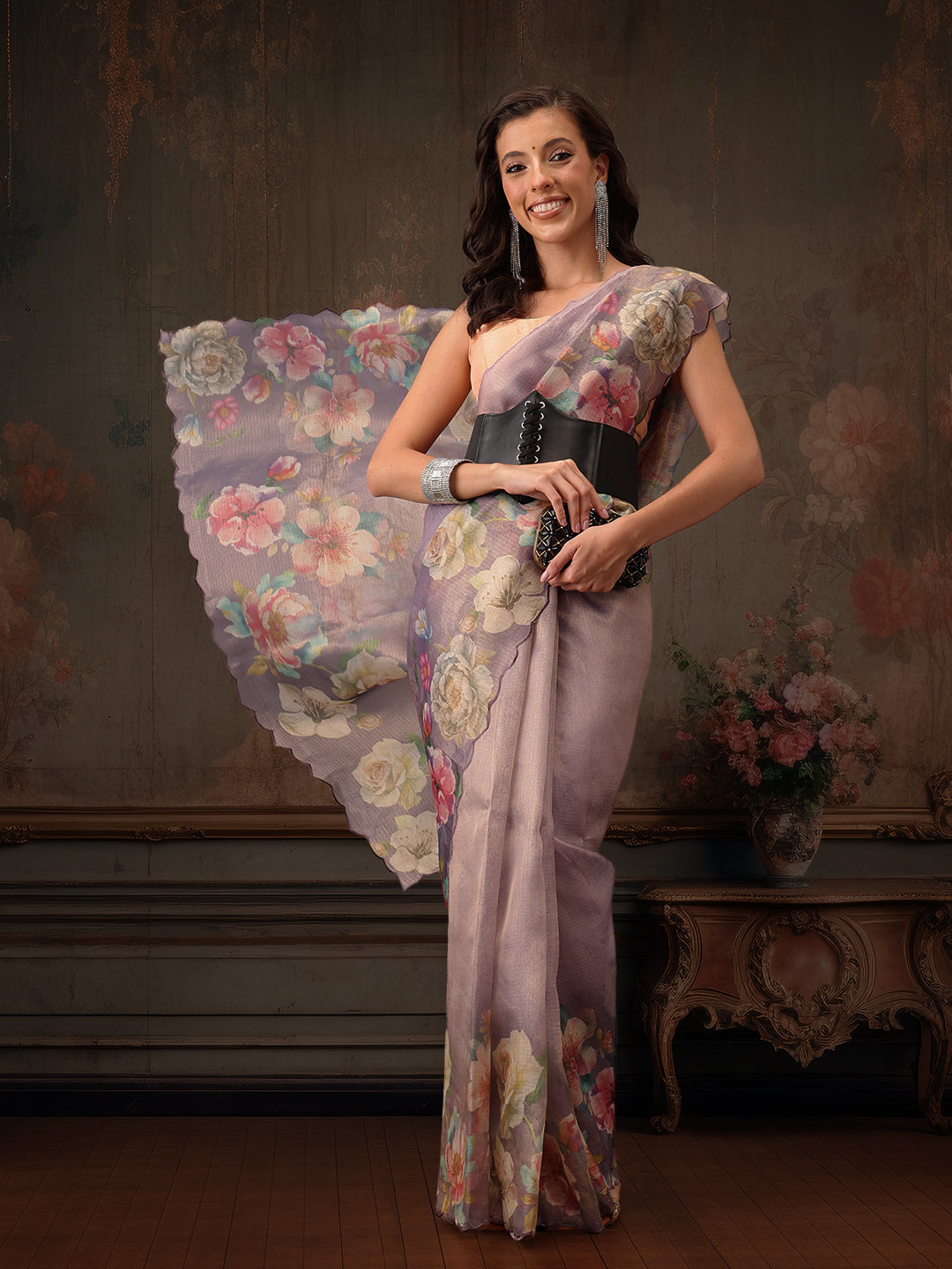 Hiral Fashion Lavender Kota Doria Tissue Silk Floral Digital Print Saree | Swadesiicart