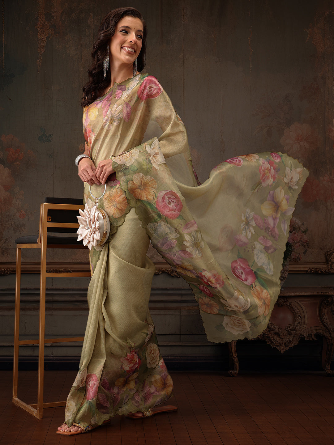 Hiral Fashion Olive Kota Doria Tissue Silk Floral Digital Print Swadesiicart