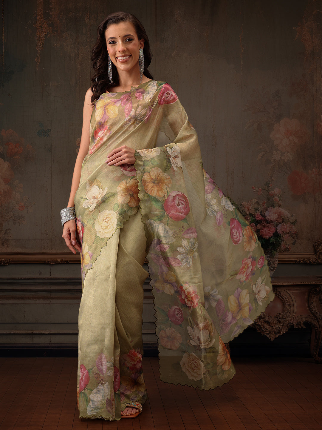 Hiral Fashion Olive Kota Doria Tissue Silk Floral Digital Print Saree | Swadesiicart