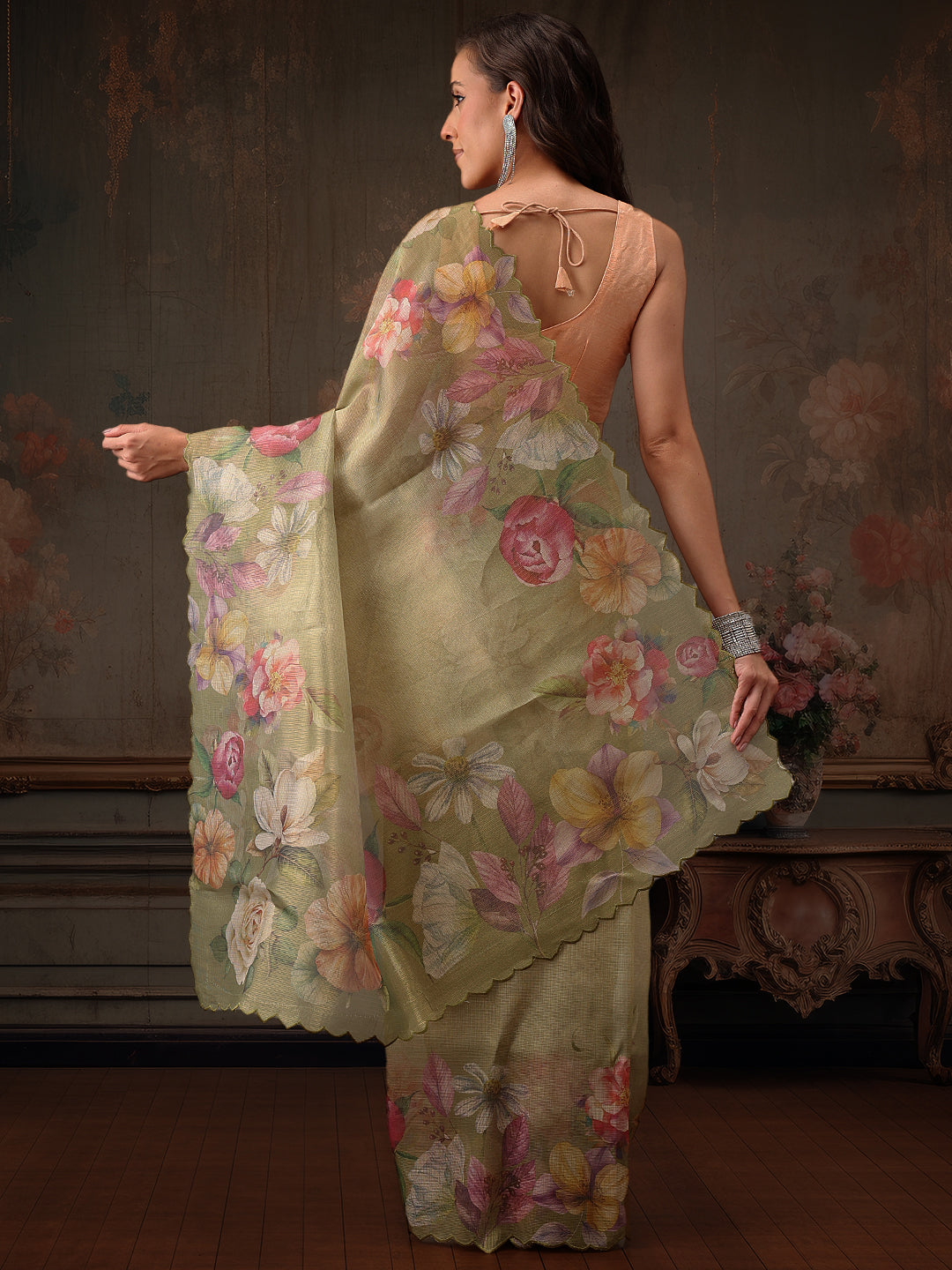 Hiral Fashion Olive Kota Doria Tissue Silk Floral Digital Print Saree | Swadesiicart