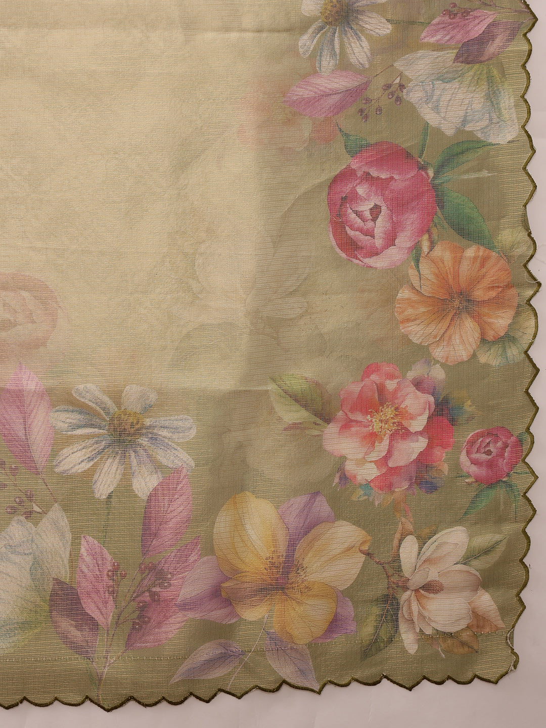 Hiral Fashion Olive Kota Doria Tissue Silk Floral Digital Print Saree | Swadesiicart