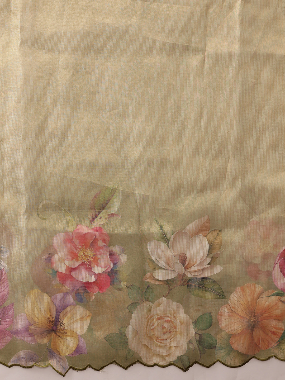 Hiral Fashion Olive Kota Doria Tissue Silk Floral Digital Print Saree | Swadesiicart