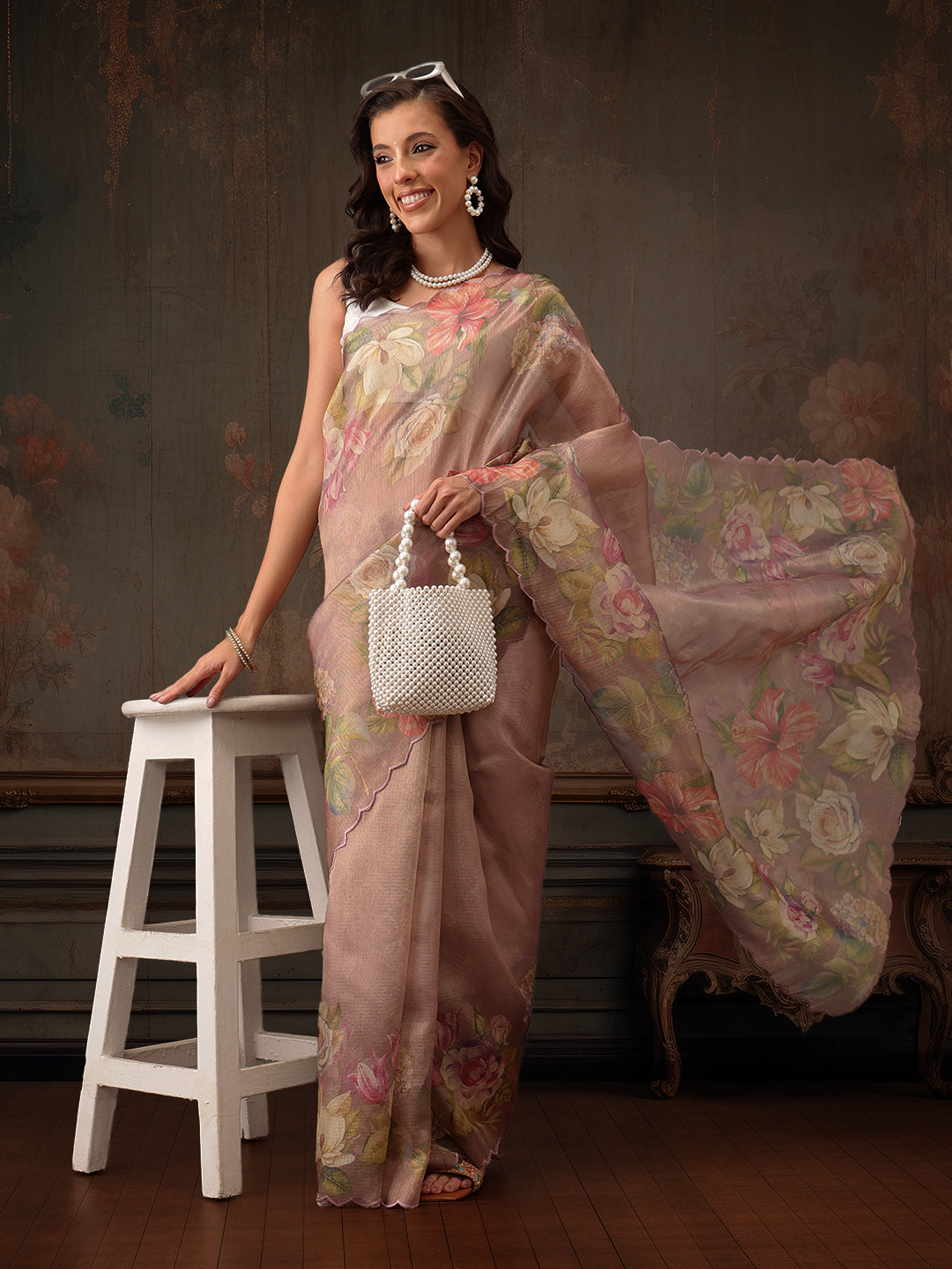 Hiral Fashion Peach Kota Doria Tissue Silk Floral Digital Print Saree | Swadesiicart