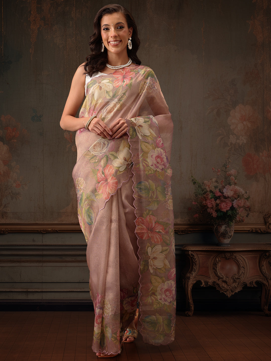 Hiral Fashion Peach Kota Doria Tissue Silk Floral Digital Print Saree | Swadesiicart