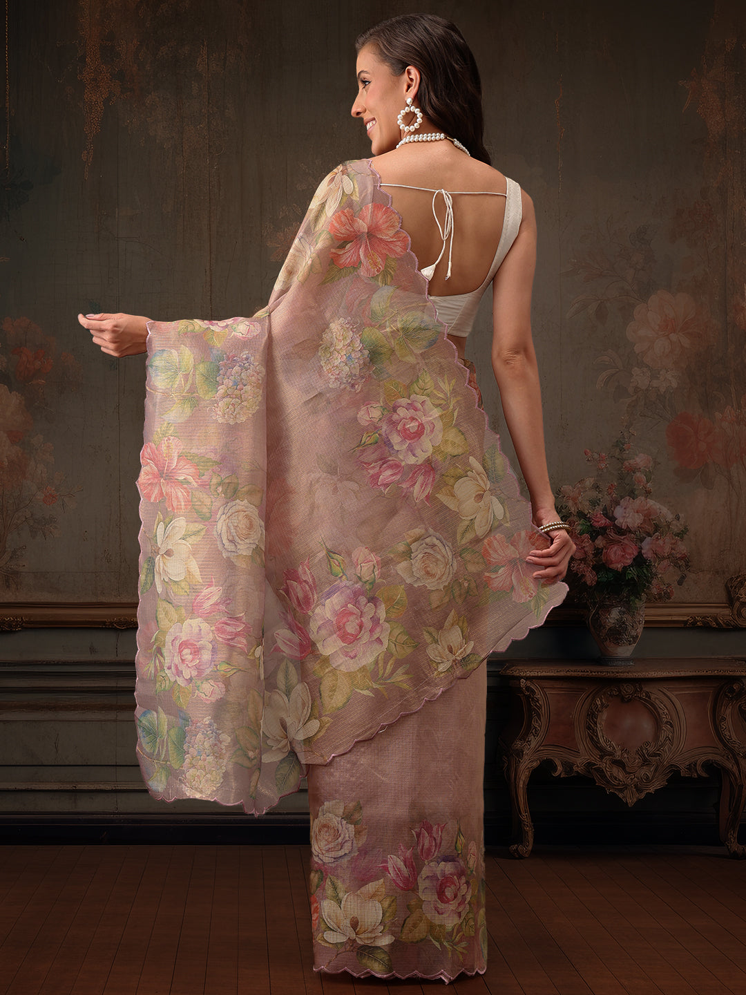 Hiral Fashion Peach Kota Doria Tissue Silk Floral Digital Print Saree | Swadesiicart