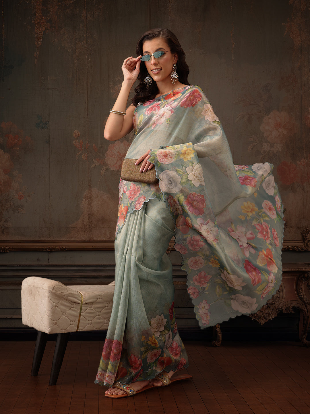 Hiral Fashion Teal Kota Doria Tissue Silk Floral Digital Print Saree | Swadesiicart