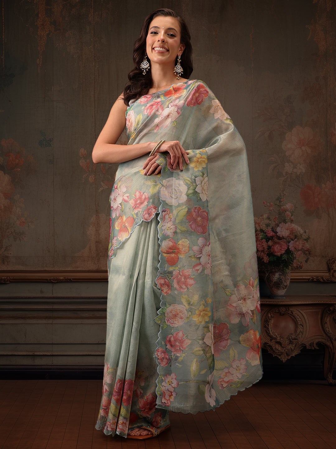 Hiral Fashion Teal Kota Doria Tissue Silk Floral Digital Print Saree | Swadesiicart