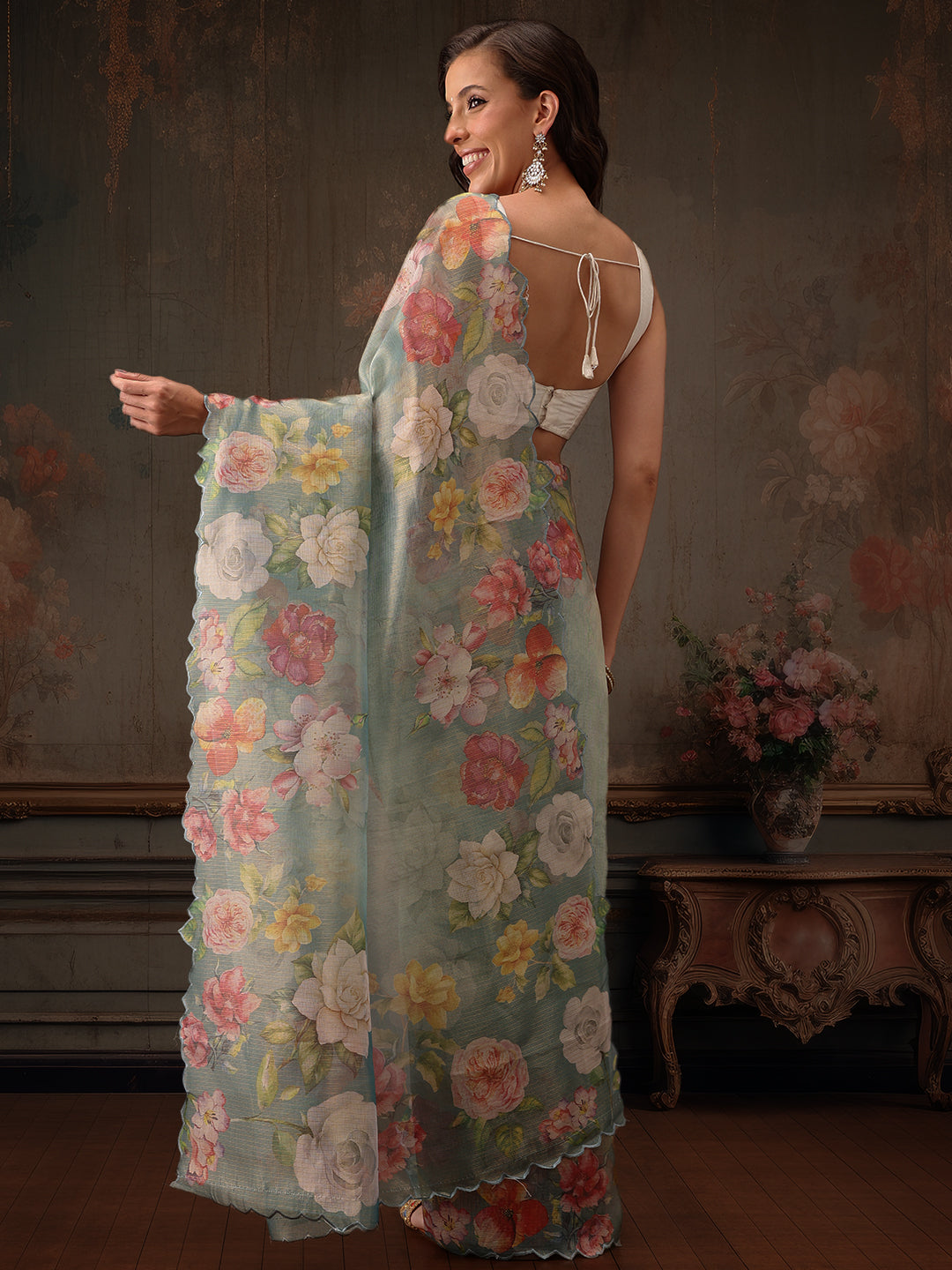 Hiral Fashion Teal Kota Doria Tissue Silk Floral Digital Print Saree | Swadesiicart