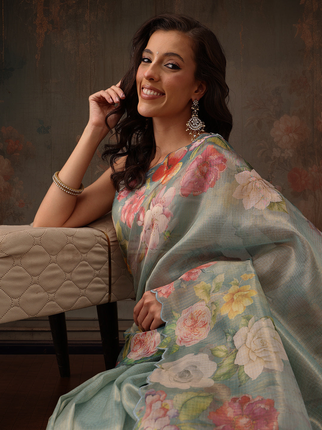 Hiral Fashion Teal Kota Doria Tissue Silk Floral Digital Print Saree | Swadesiicart