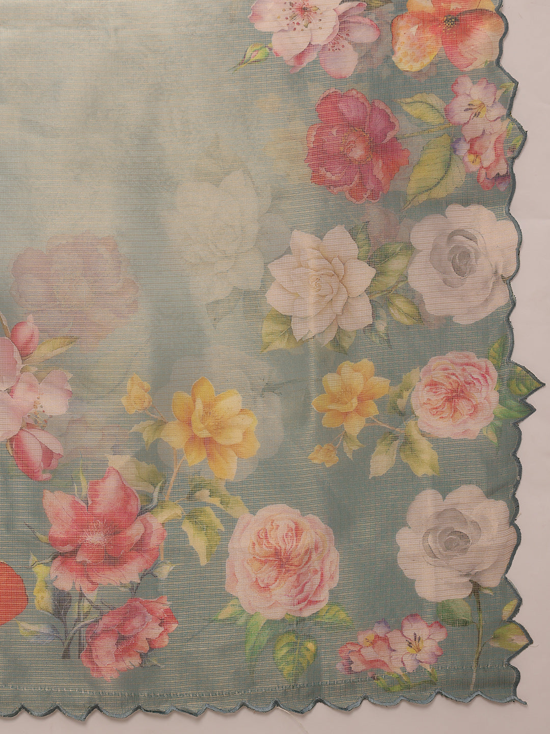 Hiral Fashion Teal Kota Doria Tissue Silk Floral Digital Print Saree | Swadesiicart