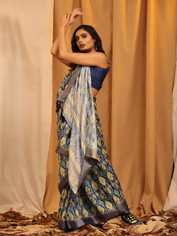 White Silk Blend Woven Zari Design Ethnic Motifs Saree with Unstitched Blouse - Hiral Fashion | Swadesiicart