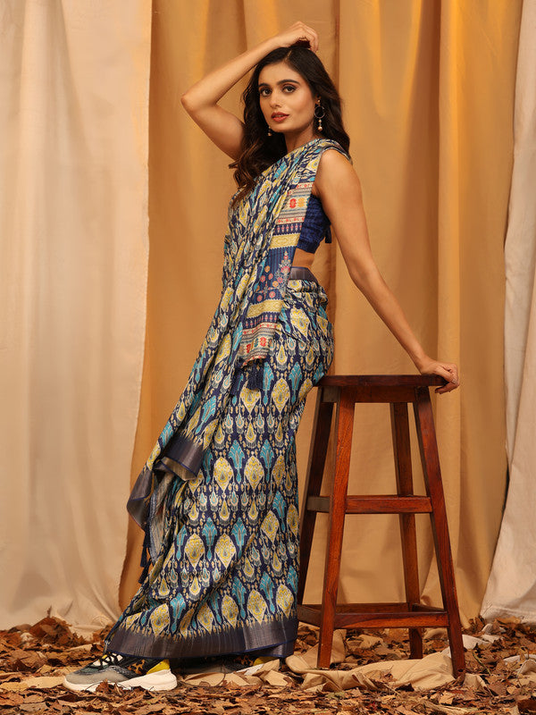 White Silk Blend Woven Zari Design Ethnic Motifs Saree with Unstitched Blouse - Hiral Fashion | Swadesiicart