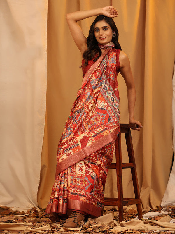 Cream Silk Blend Woven Zari Design Ethnic Motifs Saree with Unstitched Blouse - Hiral Fashion | Swadesiicart