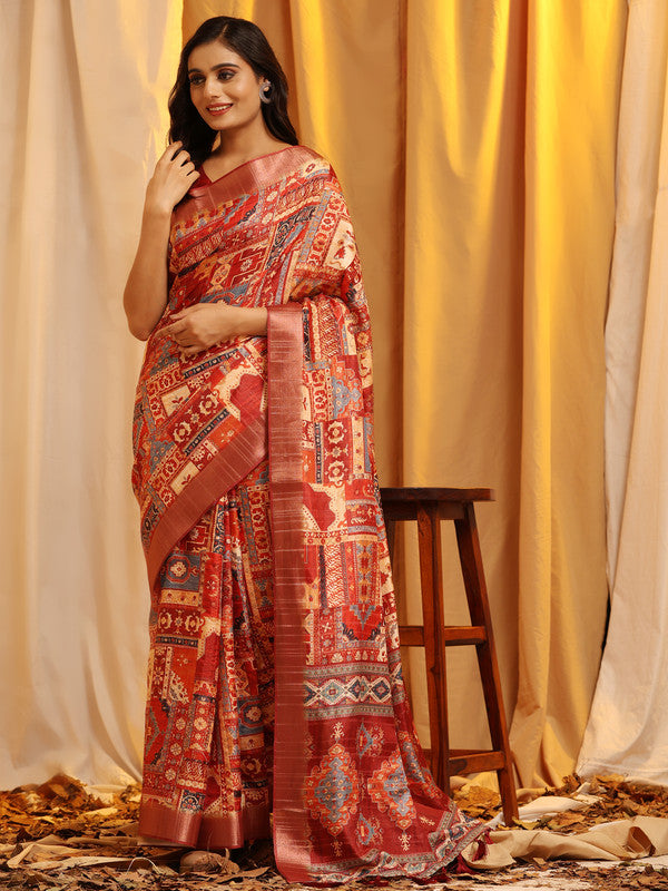 Cream Silk Blend Woven Zari Design Ethnic Motifs Saree with Unstitched Blouse - Hiral Fashion | Swadesiicart