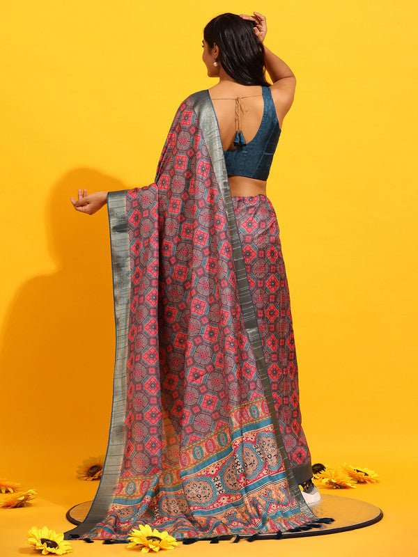 Red Silk Blend Woven Zari Design Geomatric Saree with Unstitched Blouse - Hiral Fashion | Swadesiicart