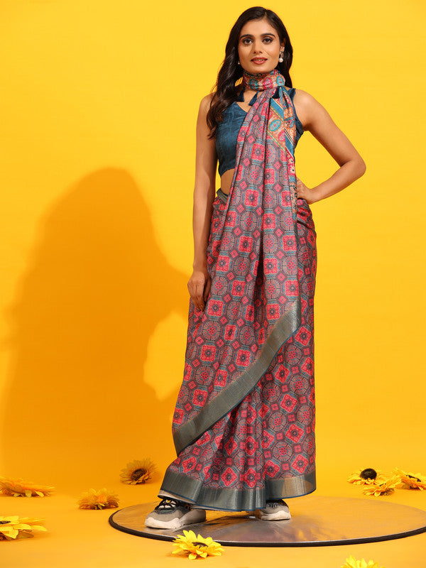 Red Silk Blend Woven Zari Design Geomatric Saree with Unstitched Blouse - Hiral Fashion | Swadesiicart