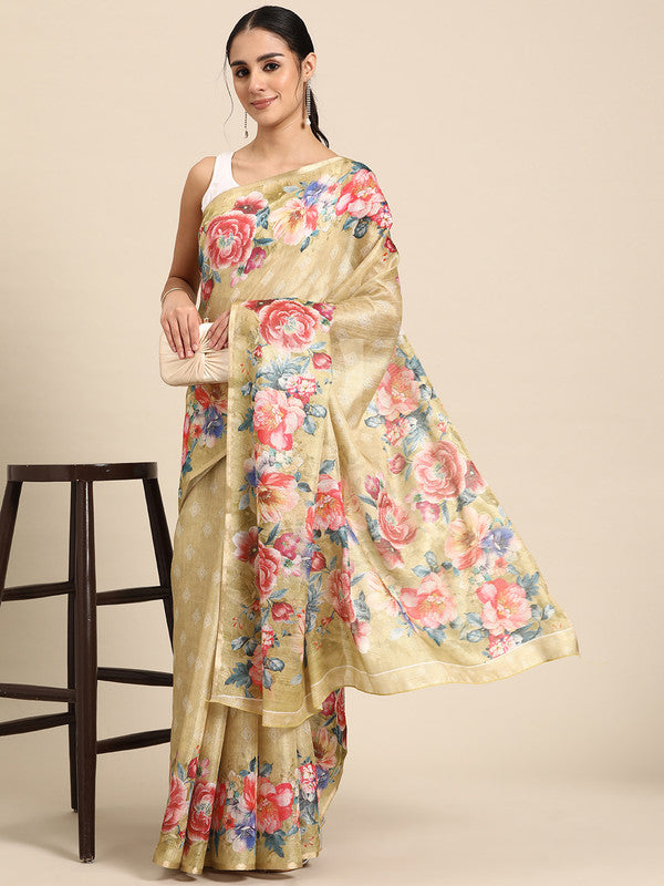 Beige Cotton Blend Digital Print Floral Saree with Unstitched Blouse - Hiral Fashion | Swadesiicart