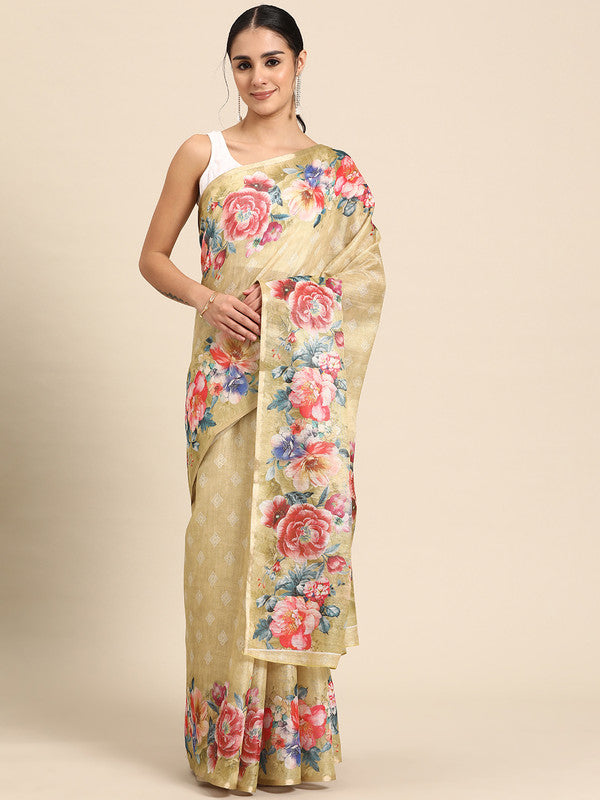Beige Cotton Blend Digital Print Floral Saree with Unstitched Blouse - Hiral Fashion | Swadesiicart