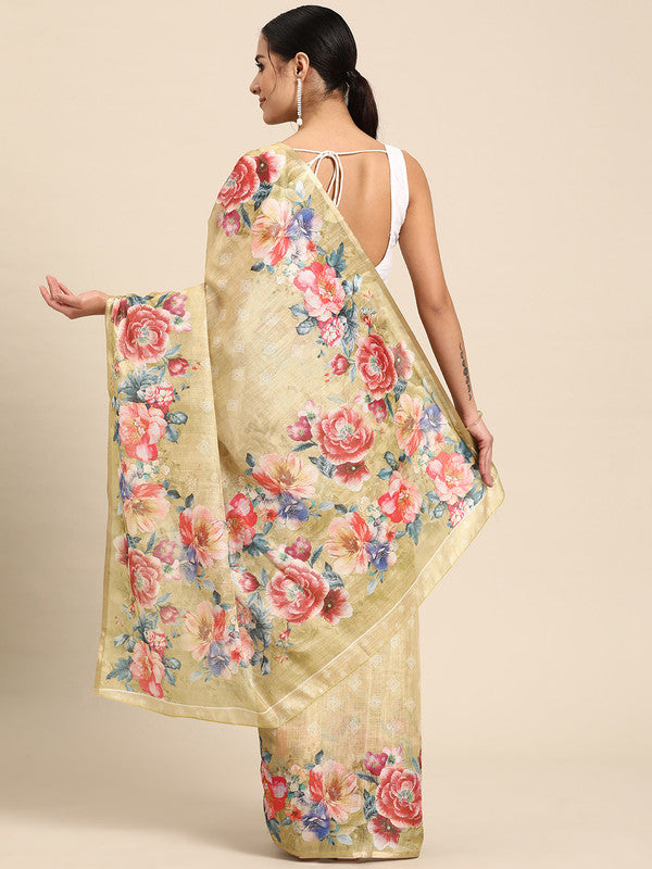Beige Cotton Blend Digital Print Floral Saree with Unstitched Blouse - Hiral Fashion | Swadesiicart