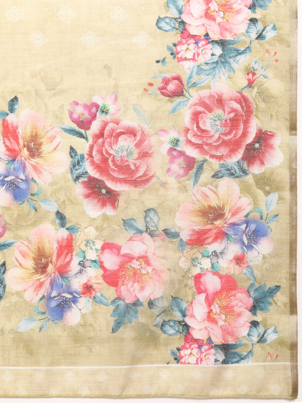 Beige Cotton Blend Digital Print Floral Saree with Unstitched Blouse - Hiral Fashion | Swadesiicart