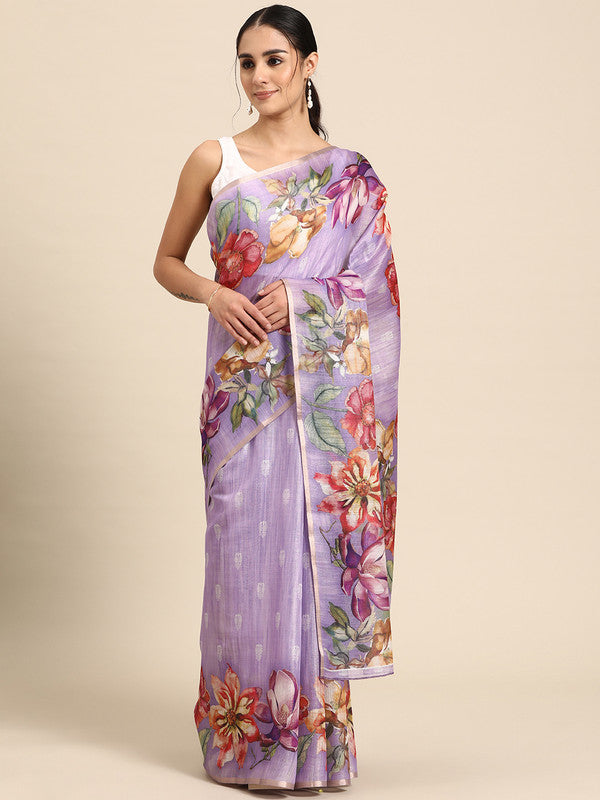 Lavender Cotton Blend Digital Print Floral Saree with Unstitched Blouse - Hiral Fashion | Swadesiicart