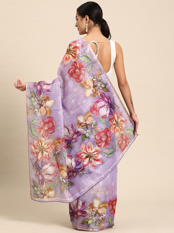 Lavender Cotton Blend Digital Print Floral Saree with Unstitched Blouse - Hiral Fashion | Swadesiicart