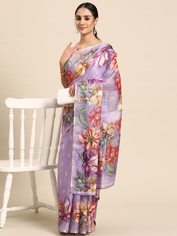 Lavender Cotton Blend Digital Print Floral Saree with Unstitched Blouse - Hiral Fashion | Swadesiicart