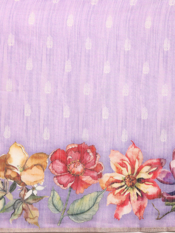Lavender Cotton Blend Digital Print Floral Saree with Unstitched Blouse - Hiral Fashion | Swadesiicart