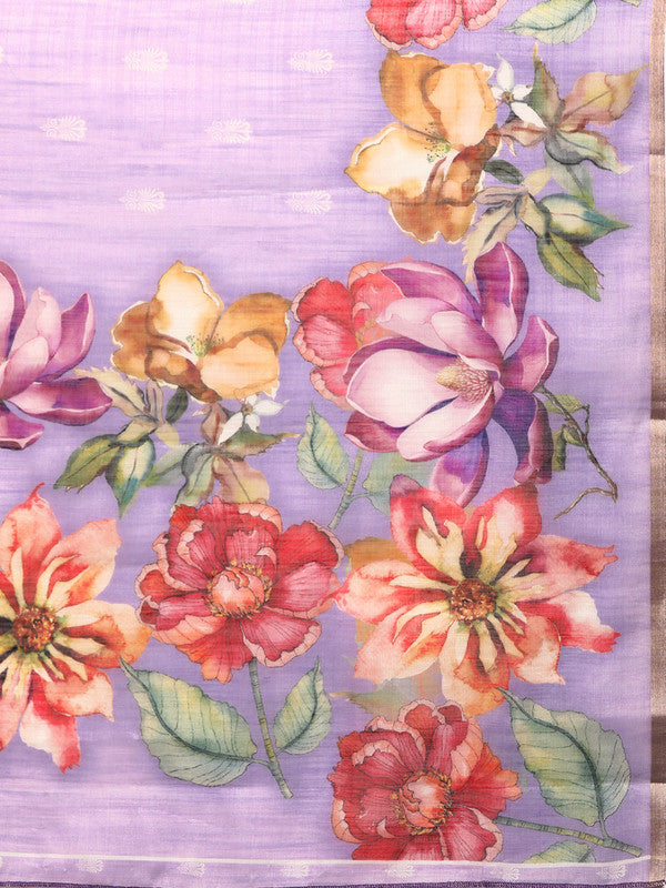 Lavender Cotton Blend Digital Print Floral Saree with Unstitched Blouse - Hiral Fashion | Swadesiicart