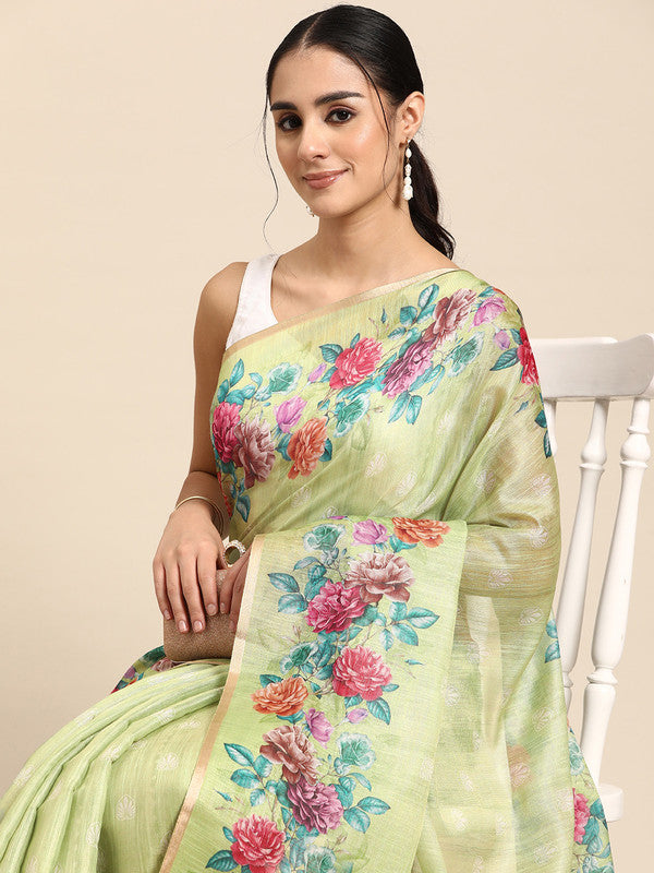 Olive Cotton Blend Digital Print Floral Saree with Unstitched Blouse - Hiral Fashion | Swadesiicart