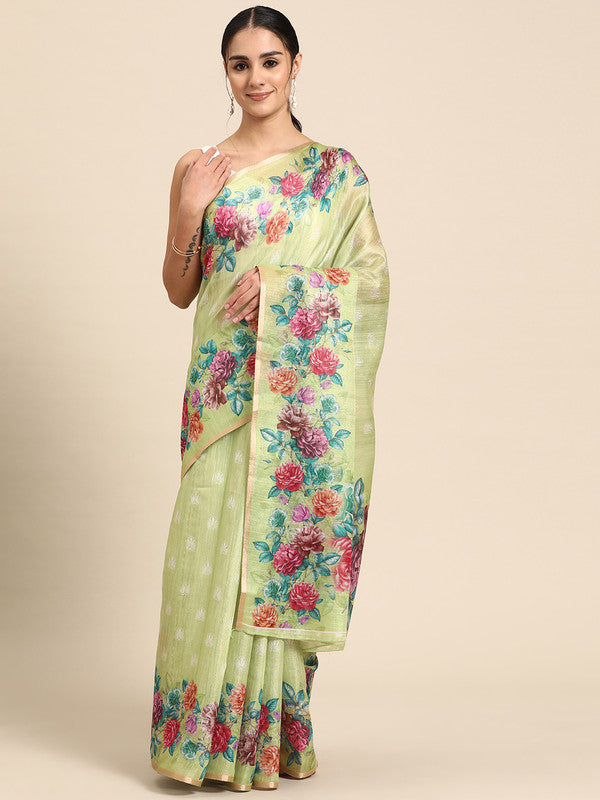 Olive Cotton Blend Digital Print Floral Saree with Unstitched Blouse - Hiral Fashion | Swadesiicart