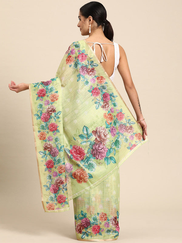 Olive Cotton Blend Digital Print Floral Saree with Unstitched Blouse - Hiral Fashion | Swadesiicart