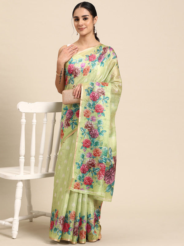 Olive Cotton Blend Digital Print Floral Saree with Unstitched Blouse - Hiral Fashion | Swadesiicart