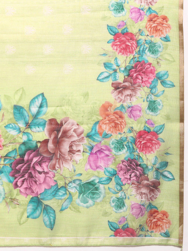 Olive Cotton Blend Digital Print Floral Saree with Unstitched Blouse - Hiral Fashion | Swadesiicart