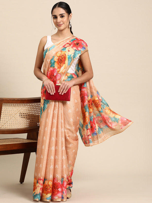 Peach Cotton Blend Digital Print Floral Saree with Unstitched Blouse - Hiral Fashion | Swadesiicart