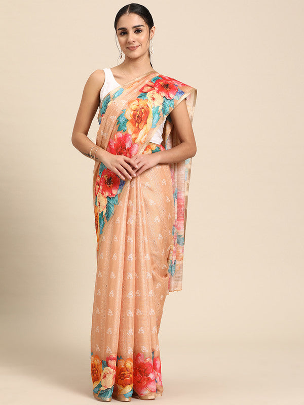 Peach Cotton Blend Digital Print Floral Saree with Unstitched Blouse - Hiral Fashion | Swadesiicart