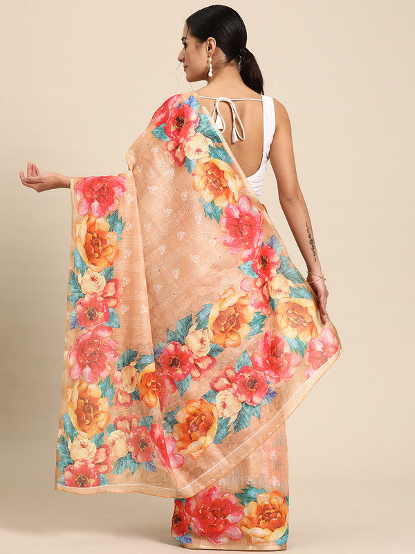 Peach Cotton Blend Digital Print Floral Saree with Unstitched Blouse - Hiral Fashion | Swadesiicart