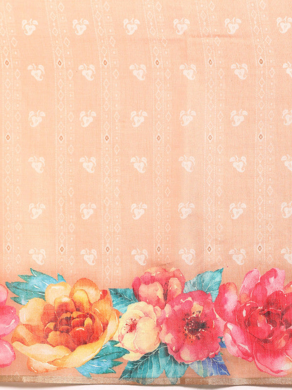 Peach Cotton Blend Digital Print Floral Saree with Unstitched Blouse - Hiral Fashion | Swadesiicart