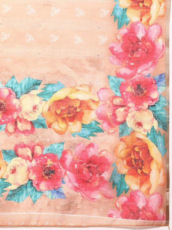 Peach Cotton Blend Digital Print Floral Saree with Unstitched Blouse - Hiral Fashion | Swadesiicart