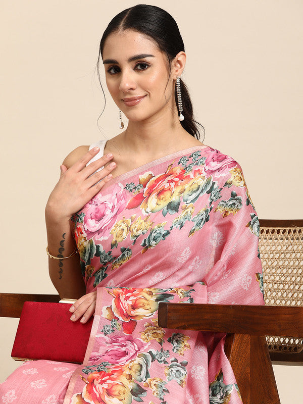 Pink Cotton Blend Digital Print Floral Saree with Unstitched Blouse - Hiral Fashion | Swadesiicart
