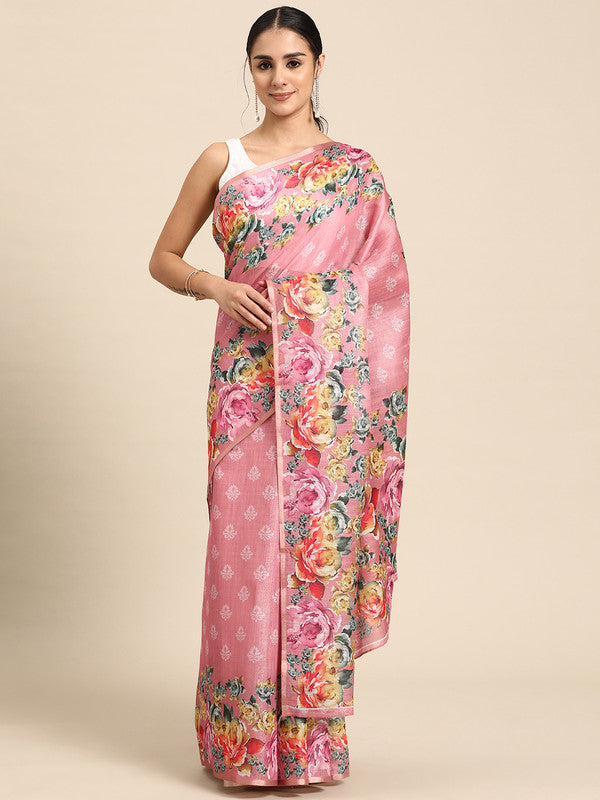 Pink Cotton Blend Digital Print Floral Saree with Unstitched Blouse - Hiral Fashion | Swadesiicart
