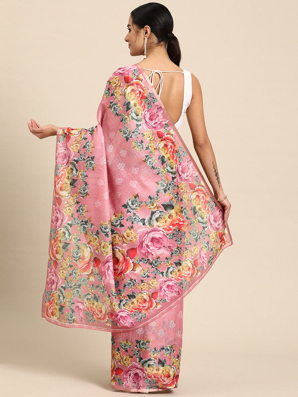 Pink Cotton Blend Digital Print Floral Saree with Unstitched Blouse - Hiral Fashion | Swadesiicart