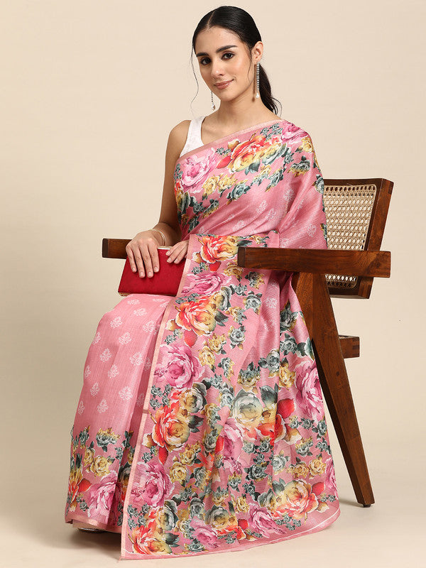Pink Cotton Blend Digital Print Floral Saree with Unstitched Blouse - Hiral Fashion | Swadesiicart