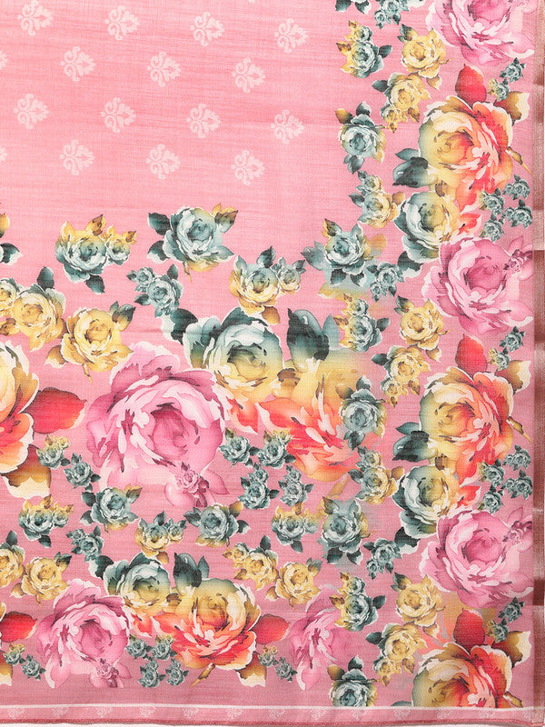 Pink Cotton Blend Digital Print Floral Saree with Unstitched Blouse - Hiral Fashion | Swadesiicart