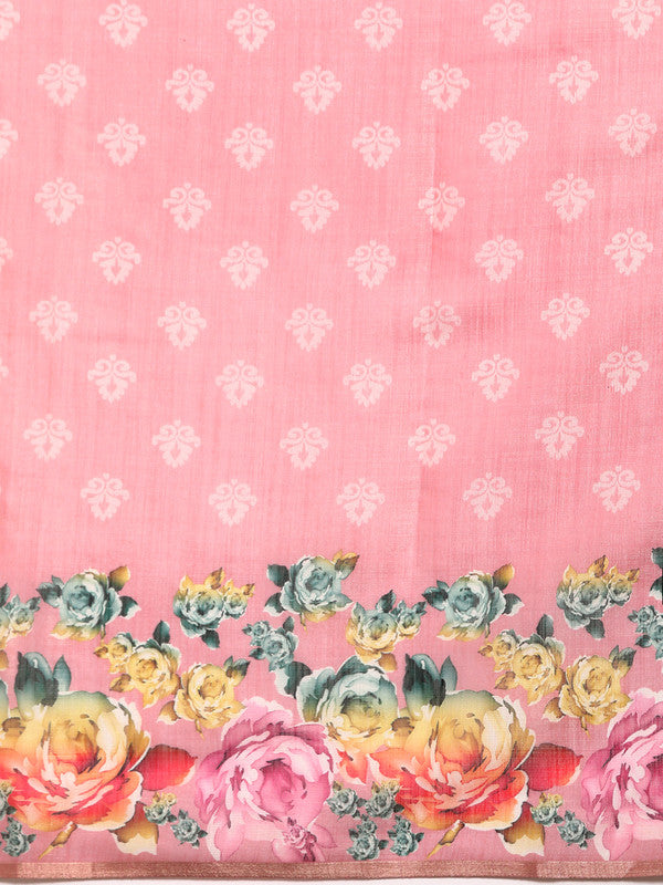Pink Cotton Blend Digital Print Floral Saree with Unstitched Blouse - Hiral Fashion | Swadesiicart