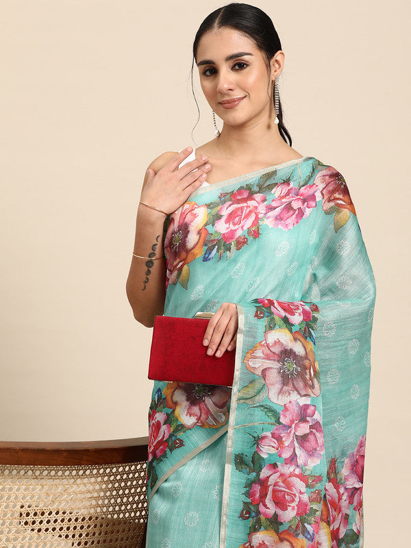 Turquoise Cotton Blend Digital Print Floral Saree with Unstitched Blouse - Hiral Fashion | Swadesiicart